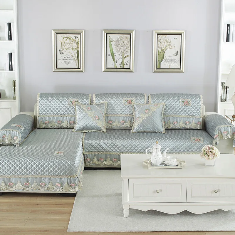 

Manufacturers Wholesale Four Seasons Solid Color Anti-slip Sofa Mat European Style Lace Hem Living Room Combination Sofa Slipcov
