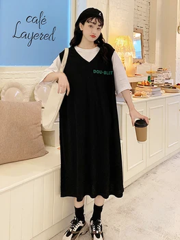 

Extra large size t-shirt dress fashion loose mid-long section leisure sports long dress fat mm over knee fake two-piece dress