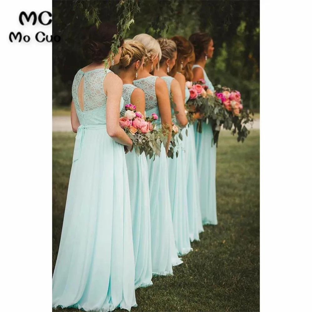 Blue A Line Floor Length Sleeveless Chiffon Bridesmaid Dress, Wedding Party Dress (1)