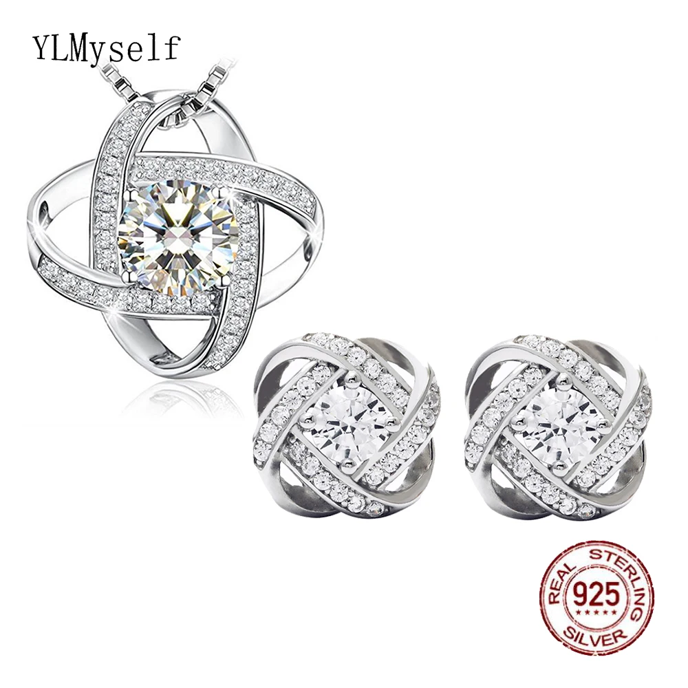 

Real 925 Silver Necklace & Earrings Set Setting Shiny Cubic Zircon Luxury 2pcs Jewelry for Women