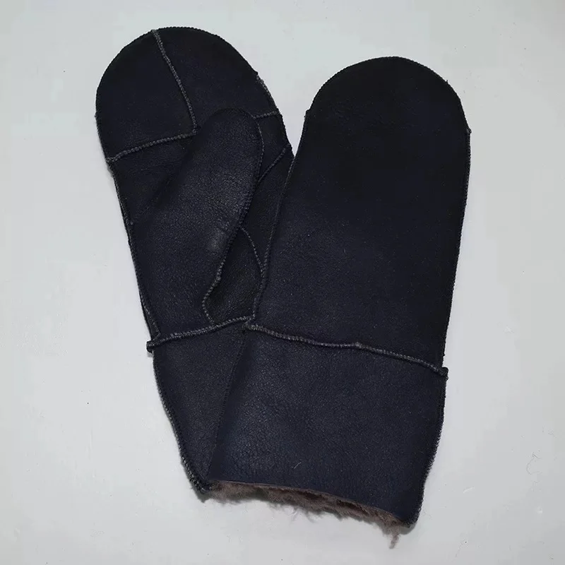 dark blue Женские перчатки из натуральной кожи, шерсти, меха, модные зимние перчатки, варежки, милые женские перчатки из овечьей кожи, меховые перчатки с мехом внутри - Цвет: dark blue