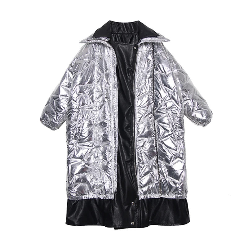 [EAM] кожаная куртка с отворотами большого размера с хлопковой подкладкой с длинным рукавом, свободная Женская парка, модная новинка осень-зима 19A-a847