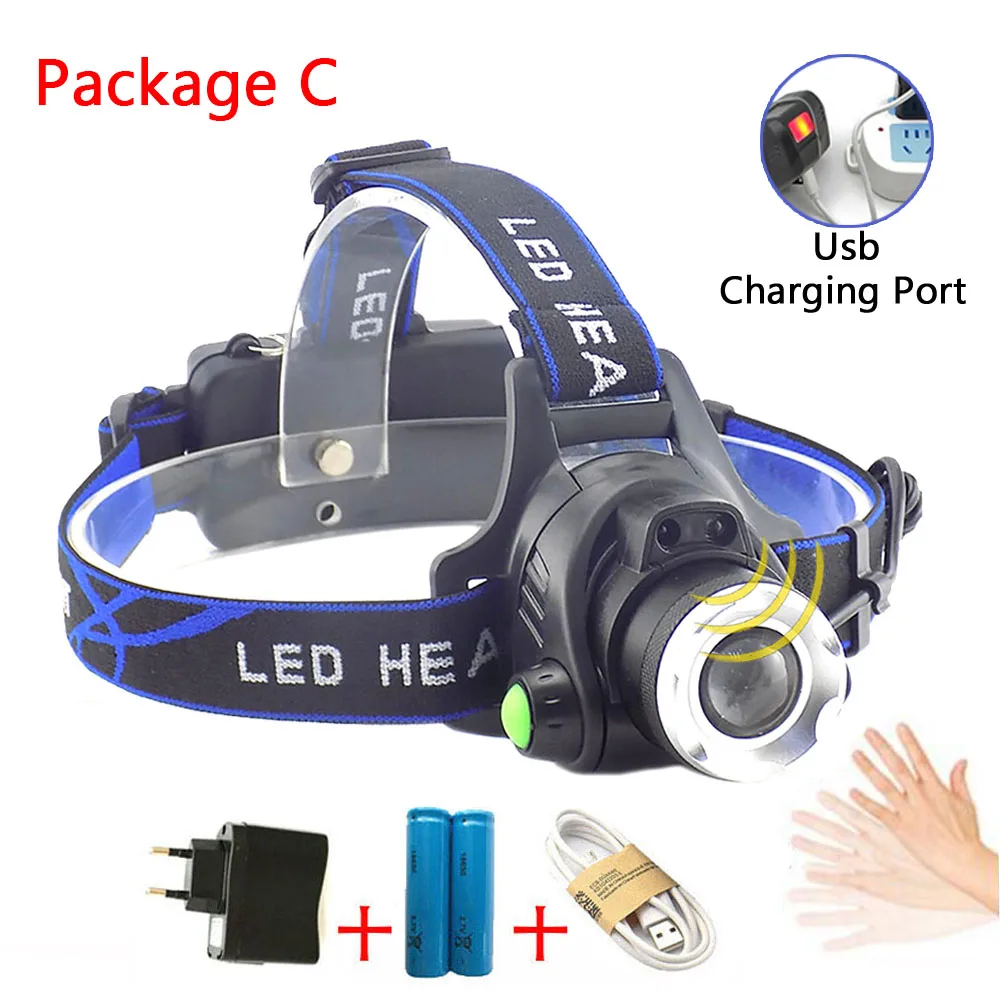 Налобный фонарь USB сенсор Led T6 Q5 масштабируемый фонарь перезаряжаемый водонепроницаемый Головной фонарь рыболовный охотничий свет - Испускаемый цвет: Package C