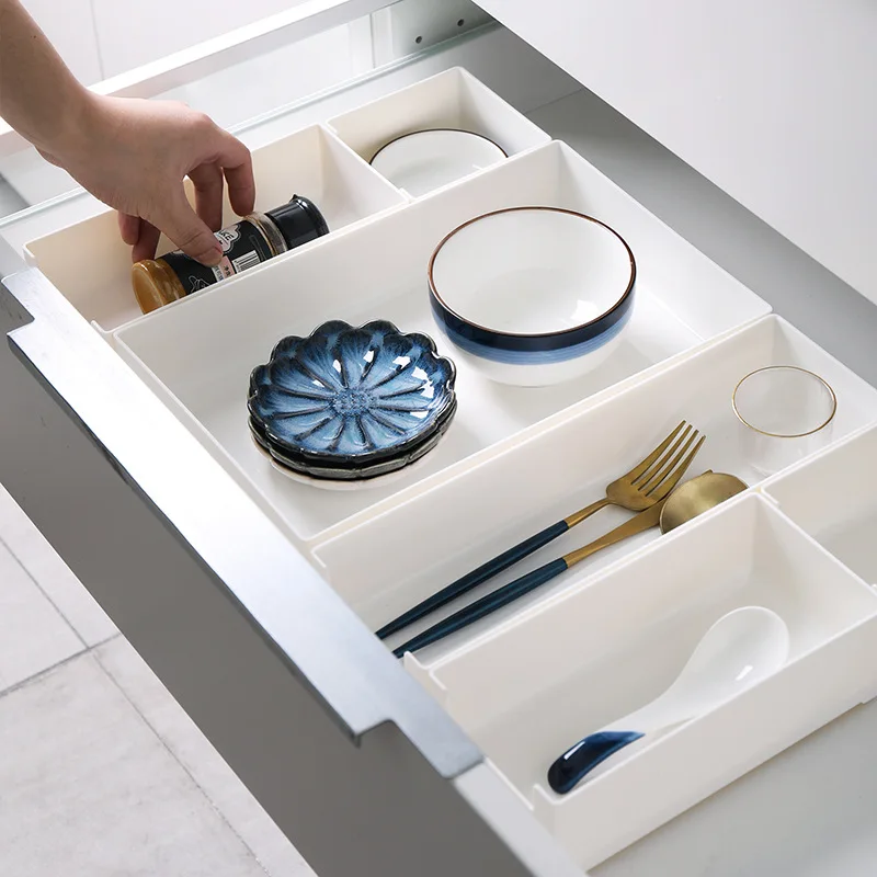 

Kitchen Drawer Storage Compartment Box Plastic Partition Desktop Sundries Makeup Finishing Organizer Tableware Storage Box