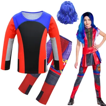 

Kids Girls Descendants 3 Cosplay Costume Halloween Party Long sleeved Children Tops+Pant+Wig Sets Role Play Clothes C34890CH