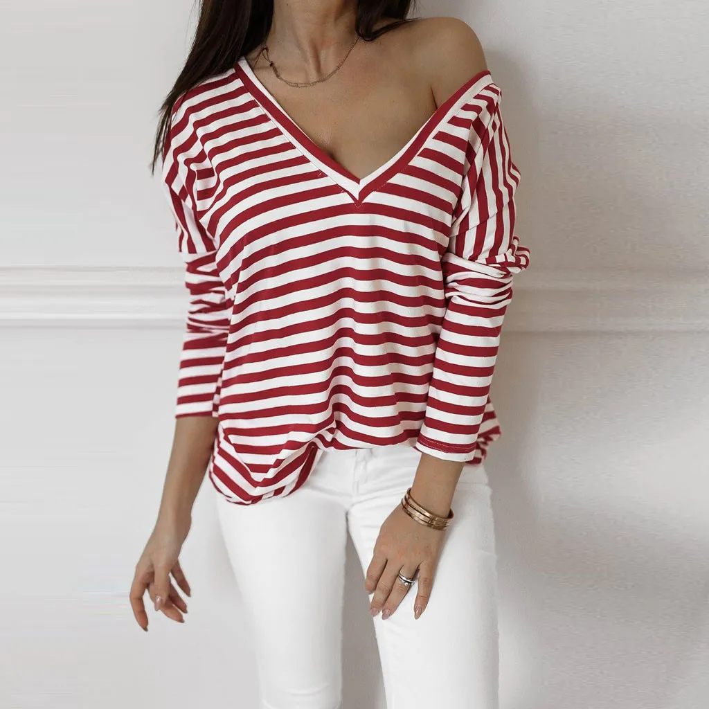 

Feitong Blouse Women Shirts Casual Long Sleeve Stripe Pullover Sexy V Neck Women Tops Blouse Clothes рубашка женская