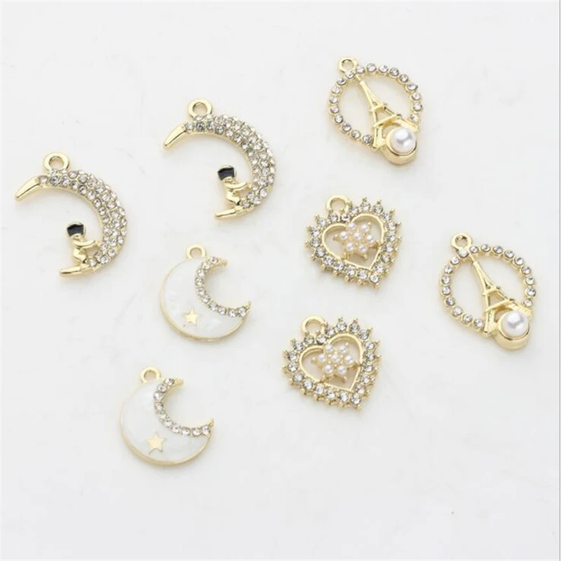 

6pcs/lot new creative crystal pearl moon heart charms connectors for diy earrings necklace pendant jewelry making accessories