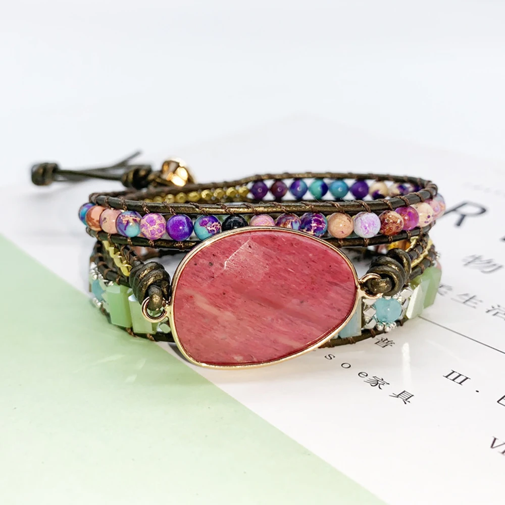 3Layers Black Leather Woven Wrap Bracelet Natural Emperor Stone Crystal Big Rhodochrosite Charm Bracelets Vintage Femme Jewelry
