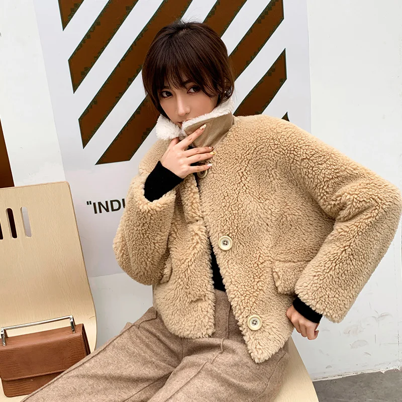 Beige Camel YYY1977 Женские Плюшевые куртки в виде медвежонка, шерстяное пальто из искусственного меха, короткое свободное повседневное черное меховое пальто, зимнее элегантное теплое дизайнерское пальто - Цвет: Beige Camel YYY1977