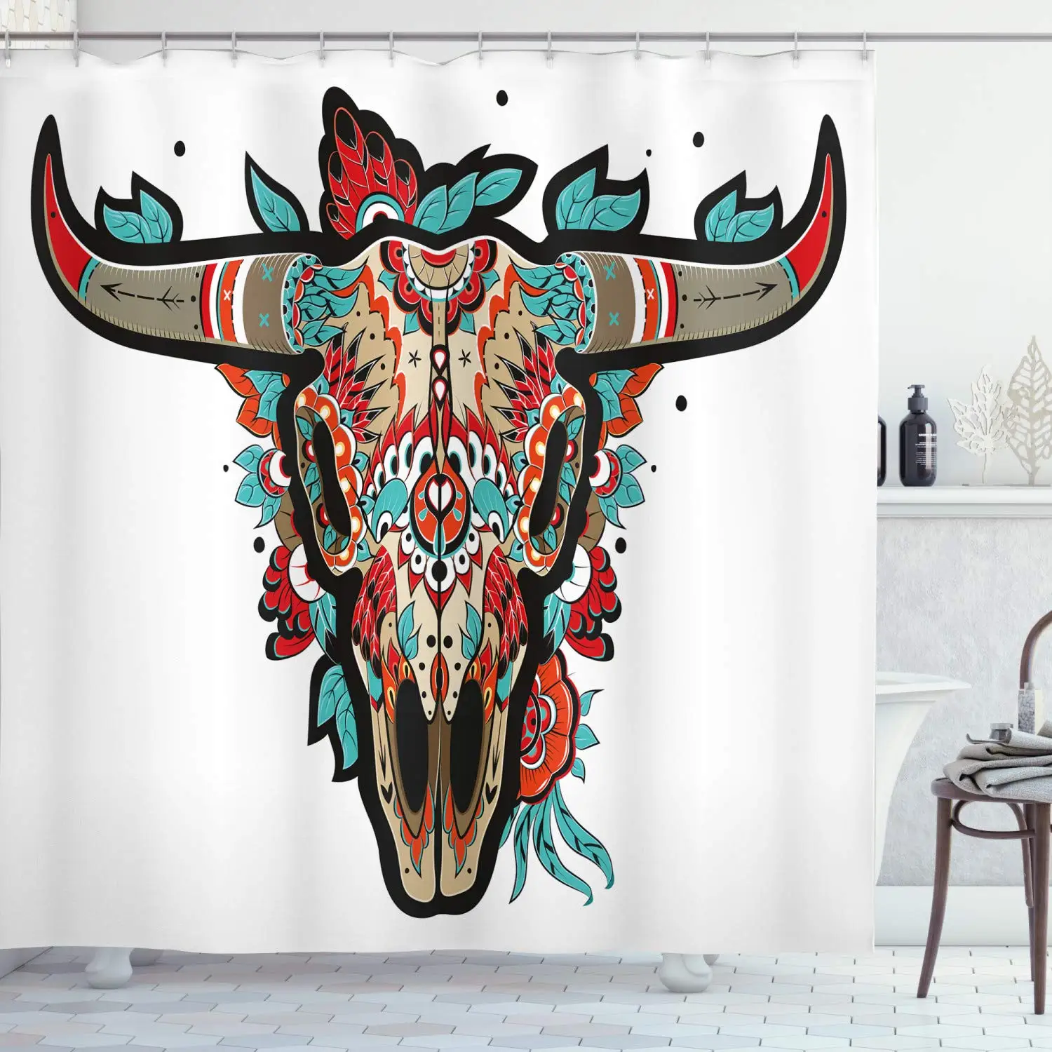 Western Shower Curtain Buffalo Sugar Mexican Skull Colorful Ornate Design Horned Animal Trophy Polyester Fabric Bathroom Decor | Дом и сад