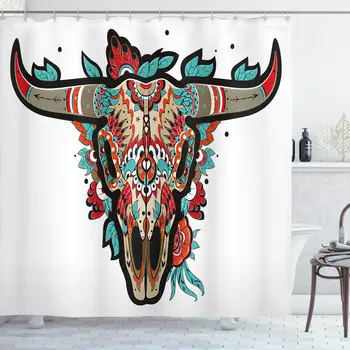 

Western Shower Curtain Buffalo Sugar Mexican Skull Colorful Ornate Design Horned Animal Trophy Polyester Fabric Bathroom Decor
