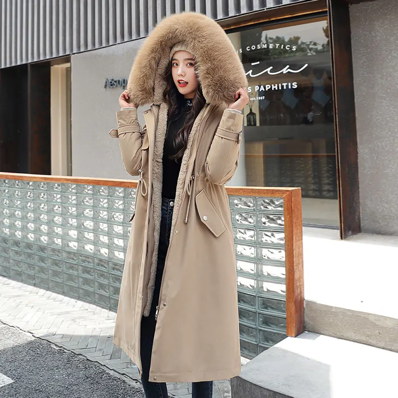 

Fashion Cotton Liner Parker Parkas 2020 New Winter Jacket Women Long Hooded Parka Adjustable Waist Warm Fur Collar Coat