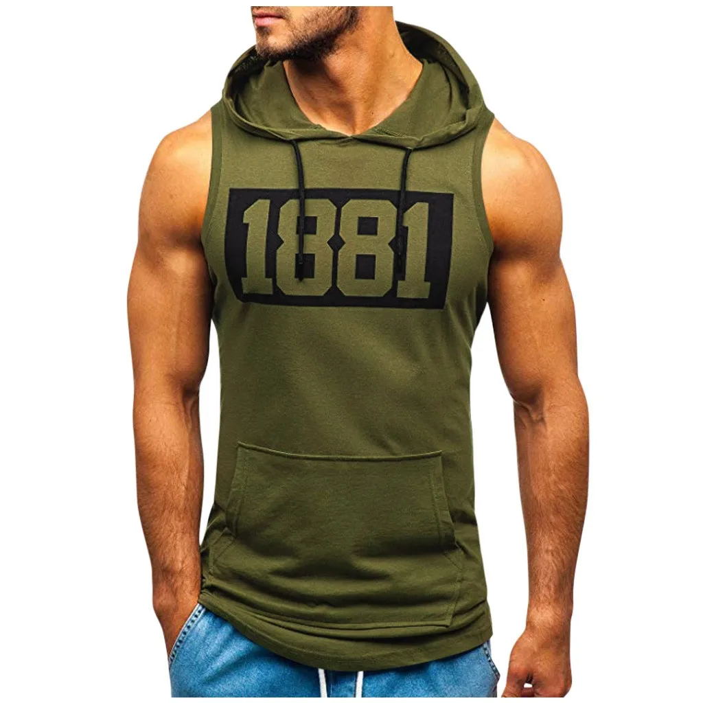 

Sports Men's Clothing Men Fitness Muscle Print Sleeveless Hooded Bodybuilding Pocket Tight-drying Tops High Quality Hot Sale