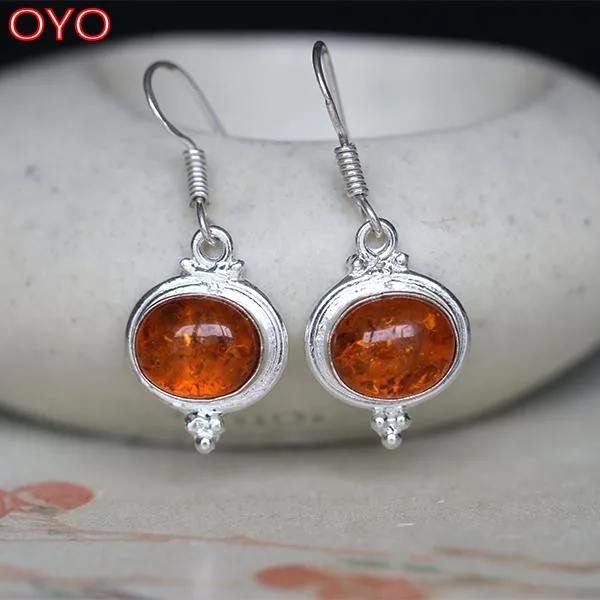 

S925 Sterling Silver Indian Hand-Inlaid Natural Amber Flower Amber Earrings