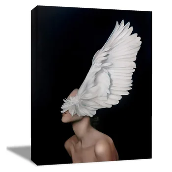 

Beauty Portrait with Wings Abstract Artwork Canvas Wall Art, 12x18 Inch Black and White Giclee Picture Prints Wall Decoration