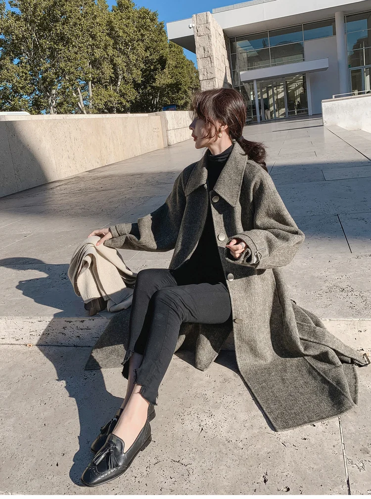 Повседневное клетчатое шерстяное Женское пальто 2019 осень зима куртки корейское длинное толстое шерстяное пальто для женщин с поясом