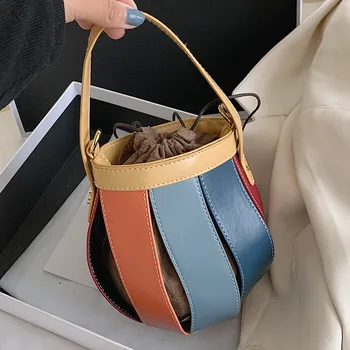 

Splice Mini PU Leather Bucket Bags For Women 2020 Luxury Crossbody Shoulder Handbags Lady Simple Travel Tote Bag sac femme