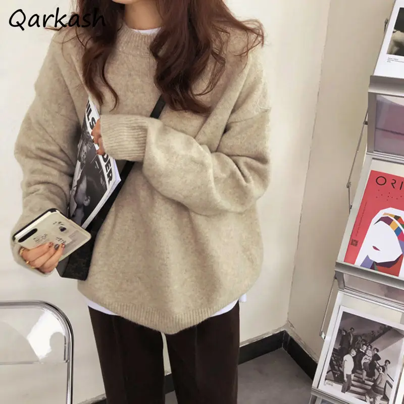 

Pullovers Women Minimalist Retro Solid Jumpers Basic Female Loose Student Couple Classic Long Sleeve Knitted Ins Lazy Style Soft