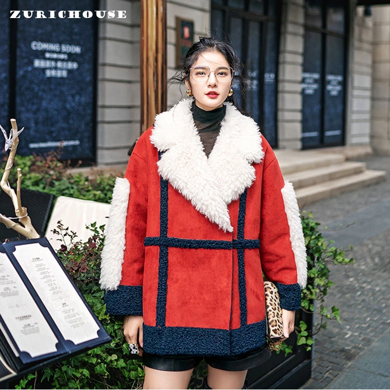 

ZURICHOUSE Retro Winter Suede Leather Fur Jacket Women Contrast Color Line Lambswool Outwear 2019 Fashion Winter Coat Woman
