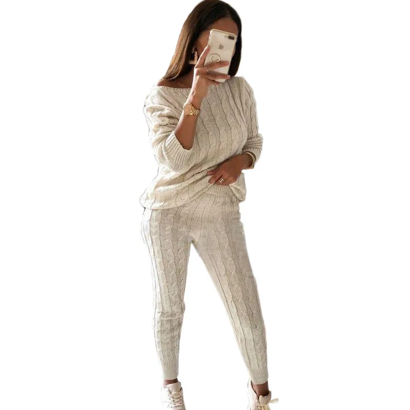 

2019 knitted suit Womans Solid Slash Neck Sweater + long Knitted pants Sets Winter Warm Suits two 2 piece set outfits for women