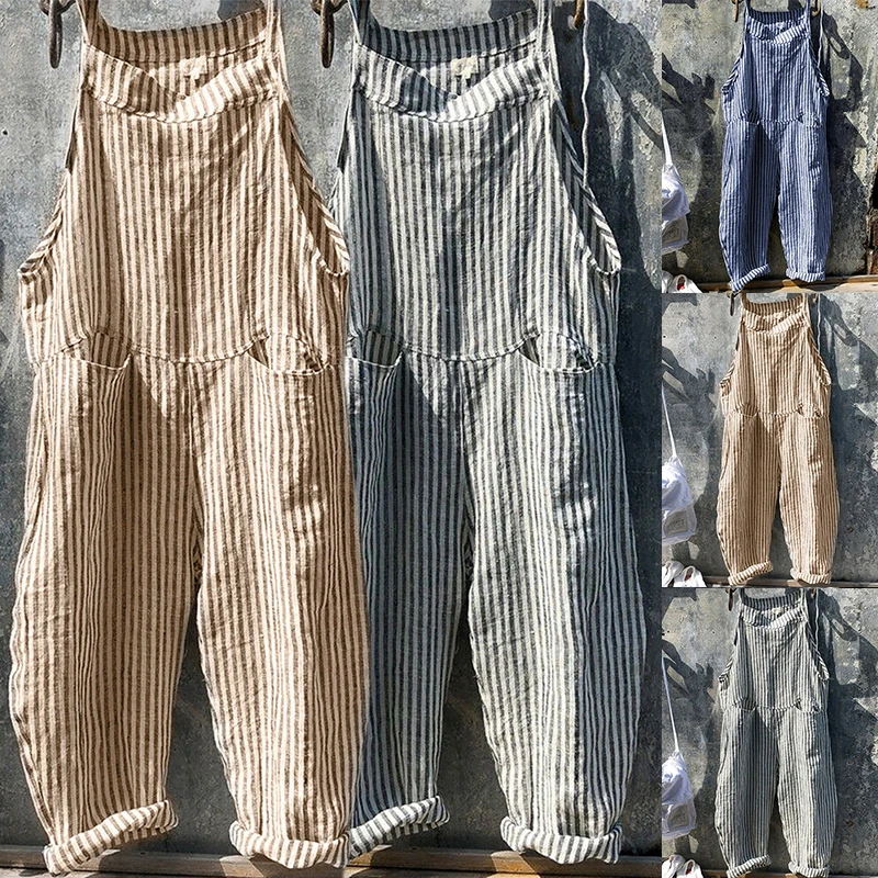 Summer Jumpsuit Womens Casual Baggy Striped Wide Leg Overalls Dungarees Jumpsuit Women Street Daily Cotton Linen Jumpsuit S-XL