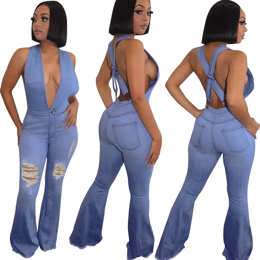 

2020 Summer Women Jumpsuit Hot Style Model Sexy Solid-color Deep V-neck Backless Hollow Out European And American Rompers Jeans
