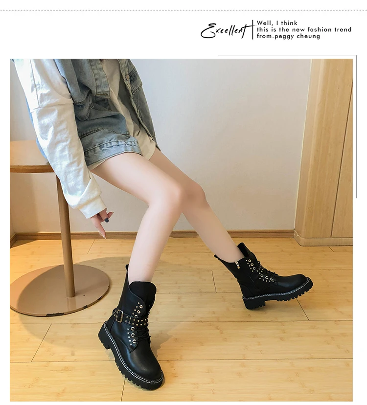 Ботинки Лолиты женские низкие ботинки с заклепками, на шнуровке, с круглым носком женские ботинки роскошного дизайна г. Зимние ботинки до середины икры в стиле рок