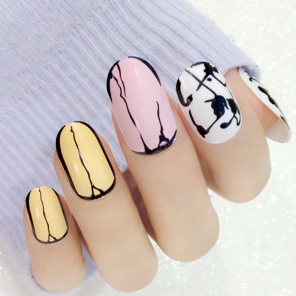 

24 Pcs Oval Artificial Fake Nails Gradient Marble False Nails With Design Lady Finger Nail Tips For Manicure Z096