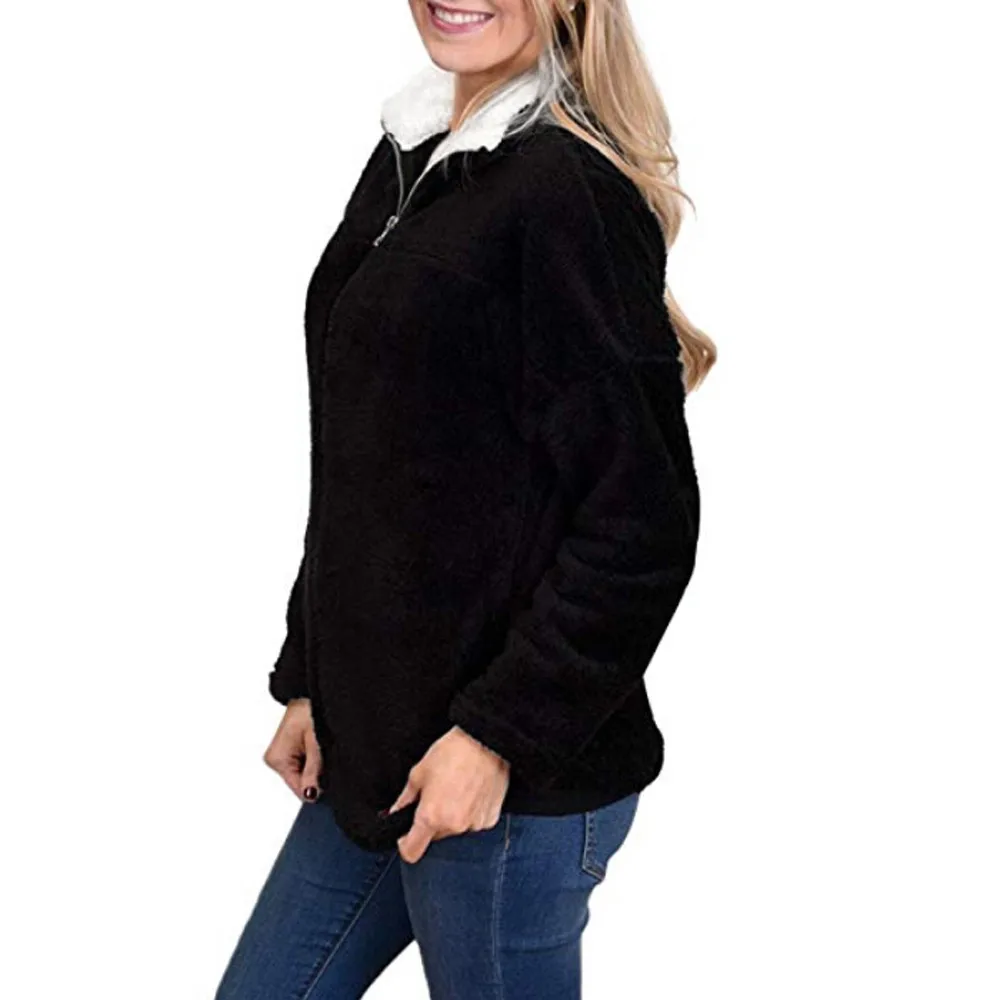 Jaycosin Winter Trend Women Warm Casual Fluffy Solid Lapel Zip up Pocket Coat Long Fashion Comfortable Female Jacket Coat 118#5