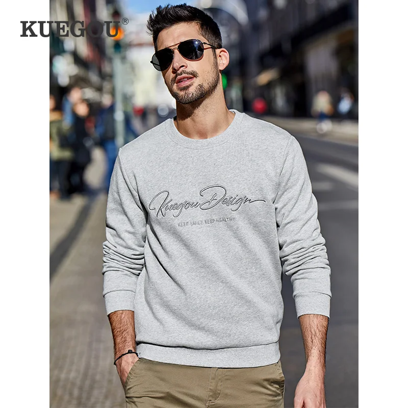 KUEGOU Brand Men's hoodies spring autumn sweatshirt Men's pure color letters round collar cotton embroidery sweatshirts MW-2275 KUEGOU Brand Men's hoodies spring autumn sweatshirt Men's pure color letters round collar cotton embroidery sweatshirts MW-2275