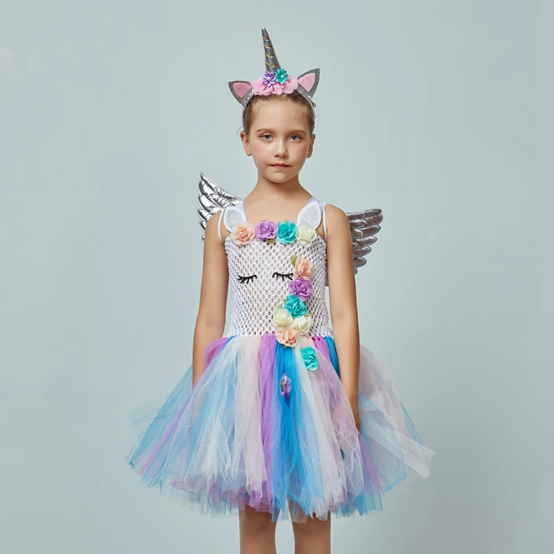 Pastel Flower Girls Unicorn Tutu Dress for Kids Birthday Party Unicorn Costume with Headband and Wing Princess Fancy Vestidos (5)