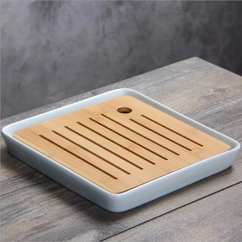 

Qi Xuan Source Black And White with Pattern Lu Po Ceramic Bamboo Tea Tray Japanese Style Small Bamboo Tea Sets Square Water Stor