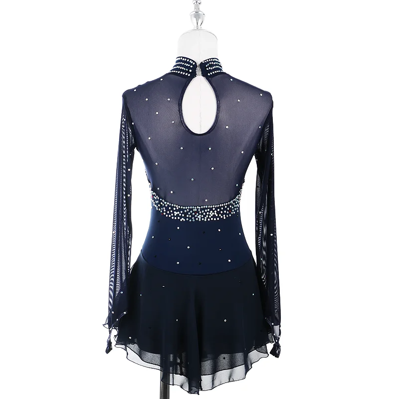 Navy Blue Red Figure Skating Dress For Women And Girls Long Sleeve Ice Figure Skating Clothes With Rhinestones ice skating costume