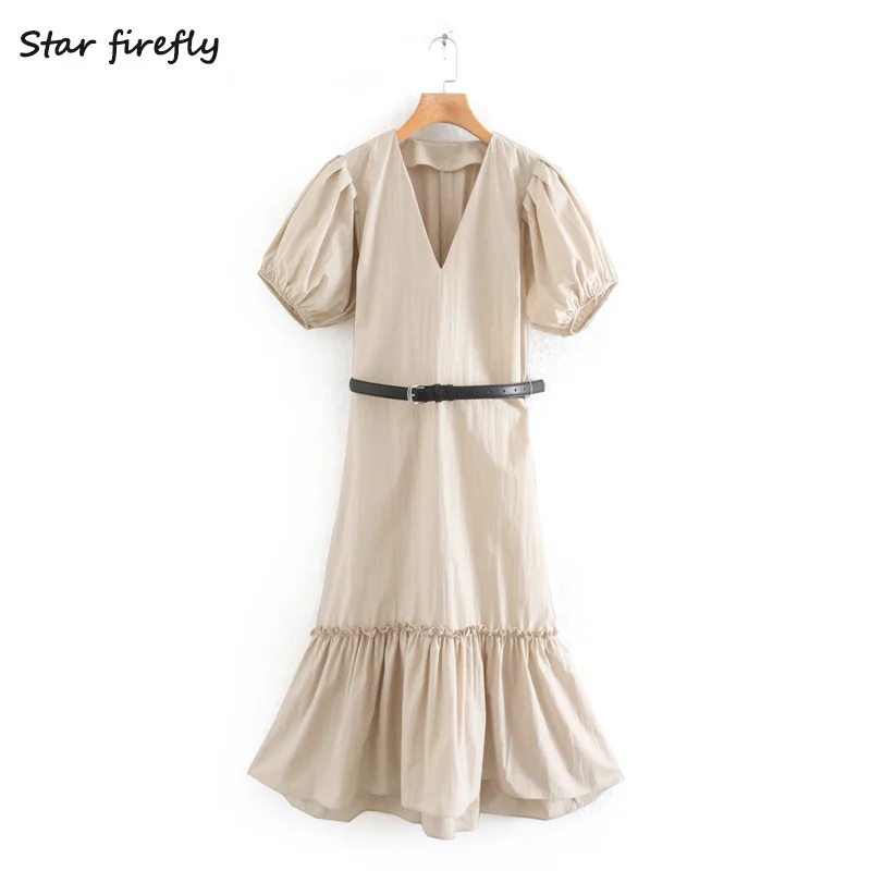 

Star firefly fashion Za dress female 2020 spring casual Slim V-neck puff-sleeve poplin with belt dress women