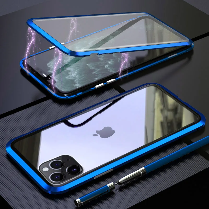 360 Metal Magnetic Phone Case For iPhone 11 Pro Max XR X XS 6 6S 7 8 Plus Tempered Glass Cover USB Cable | Мобильные телефоны и