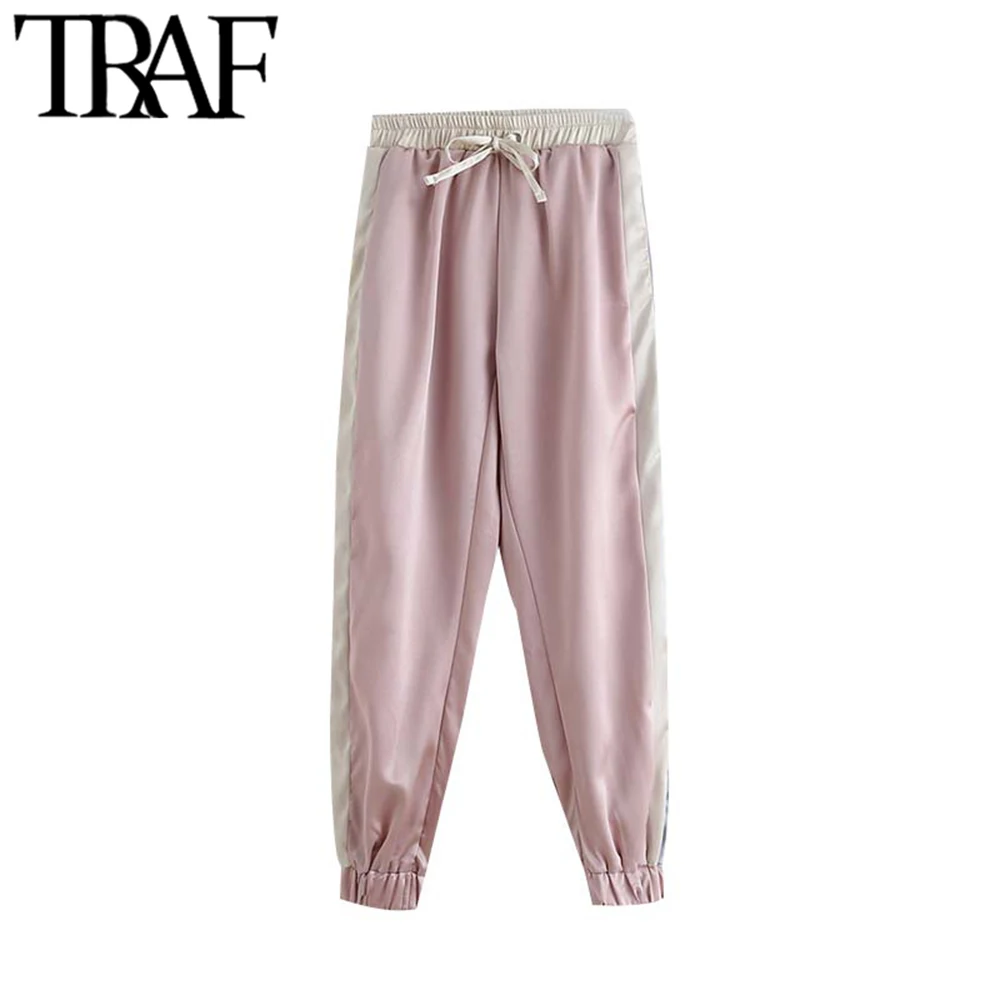 

TRAF Women Stylish Side Striped Patchwork Jogging Pants Fashion Drawstring Elastic Waist Pockets Ankle Trousers Chic Pantalones