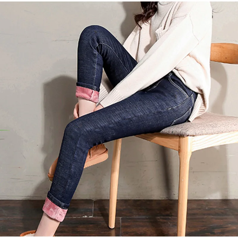 Зимние стрейчевое большого размера вельветовые джинсовые брюки женские с высокой талией обтягивающие женские джинсы карандаш Thicke теплые брюки до щиколотки