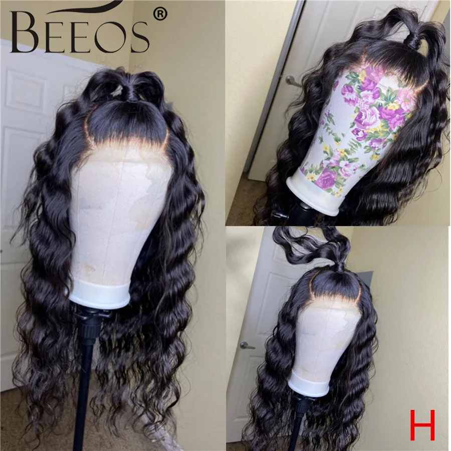 

Beeos 150% Full Lace Human Hair Wigs Natural Black Colored Deep Part Deep Wave Pre Plucked Hair Bleached Knots Brazilian Remy