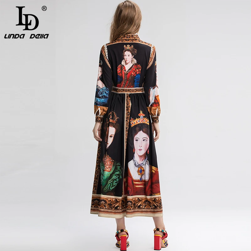 LD LINDA делла весна лето модное подиумное винтажное платье женское с длинным рукавом Великолепное Платье с принтом королевы ТРАПЕЦИЕВИДНОЕ элегантное платье