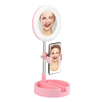 

LED Ring Light 6 Inch with Base Telescopic Stand Phone Clamp Mirror for Photography Make Up Live Streaming Selfie Video Vlog