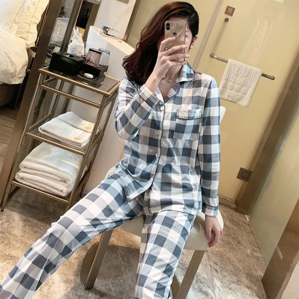 

GloryStar Woman Plaid Sleepwear Suits V-Neck Top+Wide Leg Pants Casual Loose Pijamas