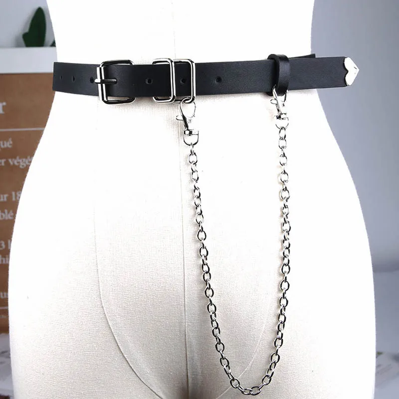 Punk Fashion Pu Leather Belt With Chain Women Metal Pin Buckle Waist Straps Wild Lady Trousers Jeans Decoration Waistband