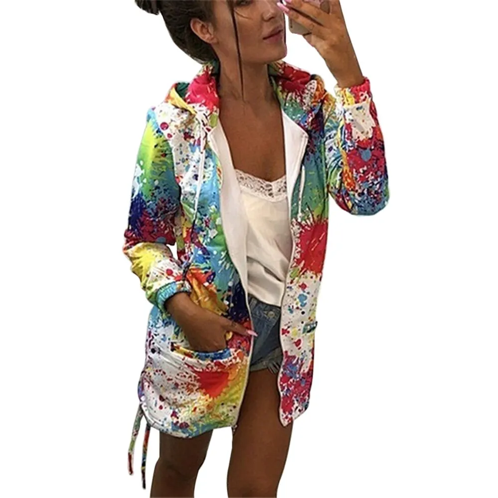 

2019 New Brand Tie Dyeing Print Coat Jacket Women Autumn Casual Hip-Hop Hooded Jacket Femme Zip Up Streetwear Plus Size S-5XL