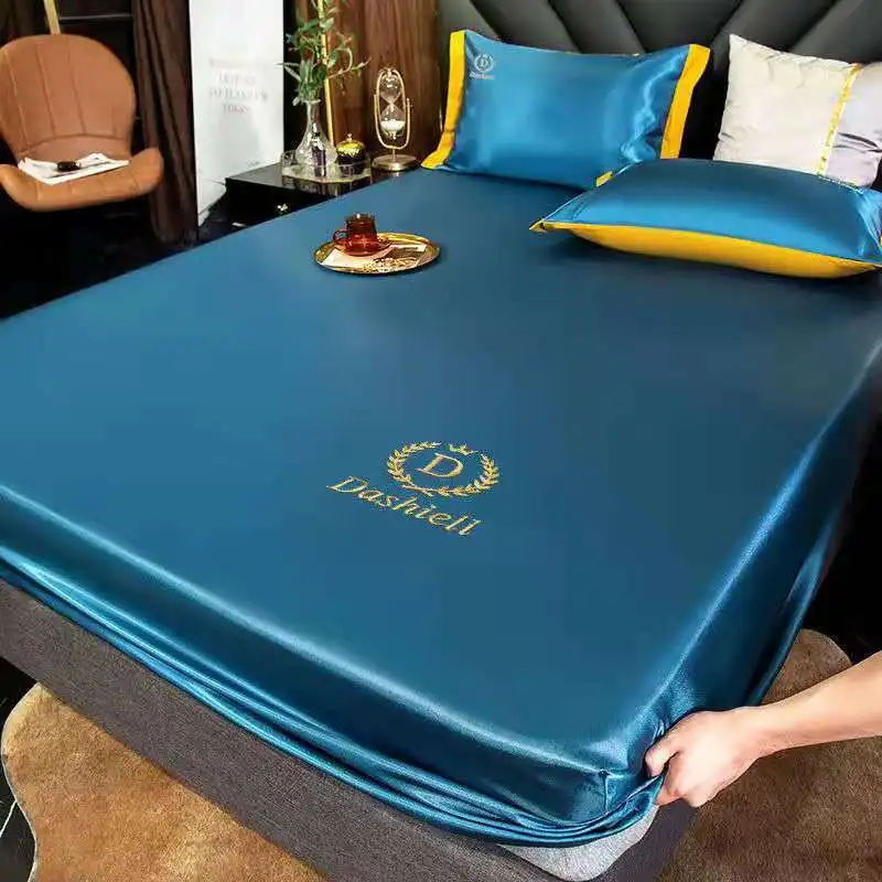 

Satin Silk Fitted Sheet Solid Color Mattress Cover Elastic Band Bed Sheet Bedsheet Ice silk satin 180x220cm Machine washable