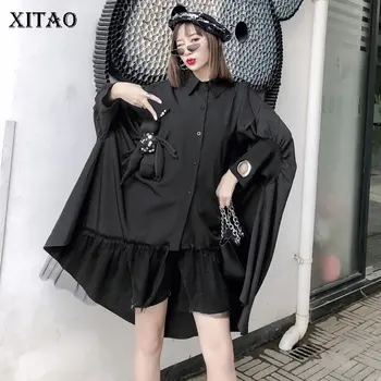 

XITAO Irregular Stitching Mesh Shirt Plus Size Personality Bat Sleeve Womens Tops and Blouses Streetwear Doll Decoration GCC3383