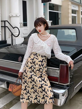 

Women Daisy Flower Print Midi Skirt High Elastic Waist Fresh Sweet Skirt
