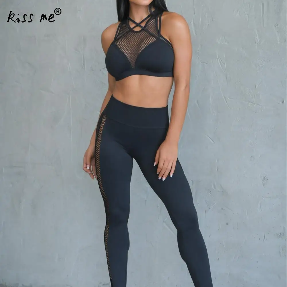 Breathable Women Yoga Set Workout Training Exercise Sportswear See Through Sleeveless Crop Top Female Gym Legging Running Set