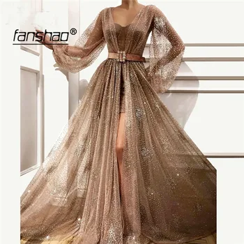 

Brown Muslim Evening Dresses Puff Sleeves See Though Slit Sequin Lace Sashes Islamic Dubai Kaftan Saudi Arabic Prom Dress
