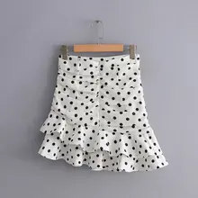 Женская Асимметричная мини-юбка в горошек с оборками, плиссированные юбки с высокой талией на молнии сзади