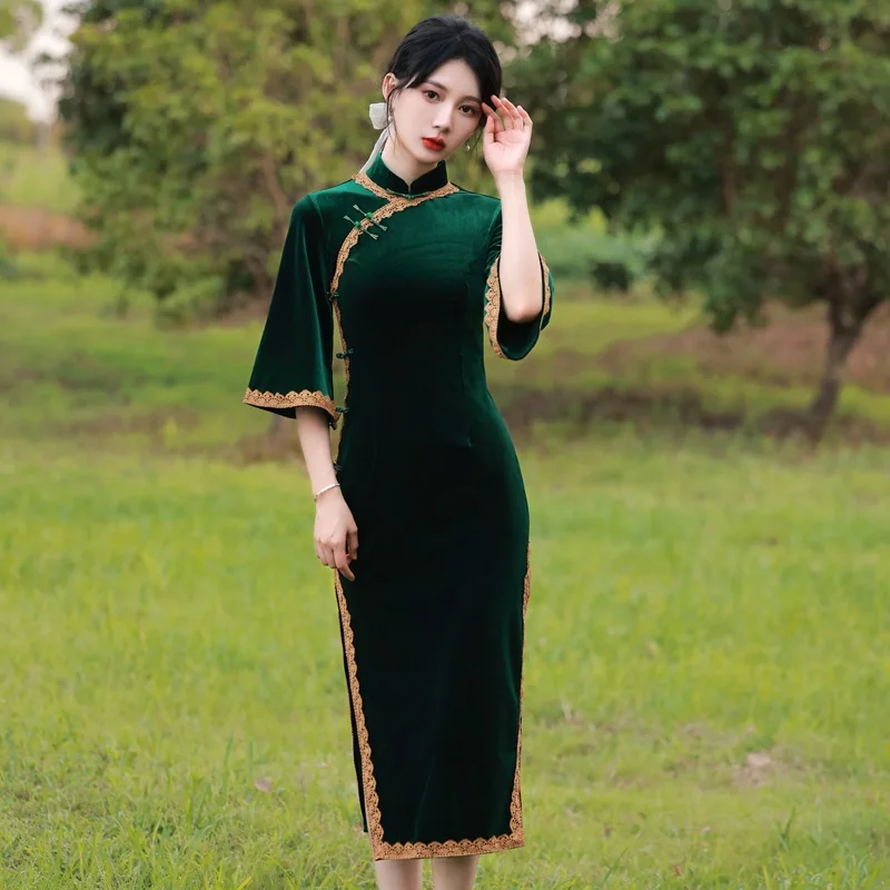 

Sexy High Fork Qipao Women Velour Slim Vintage Chinese Traditional Button Mandarin Collar Party Evening Dress Ladies Cheongsam